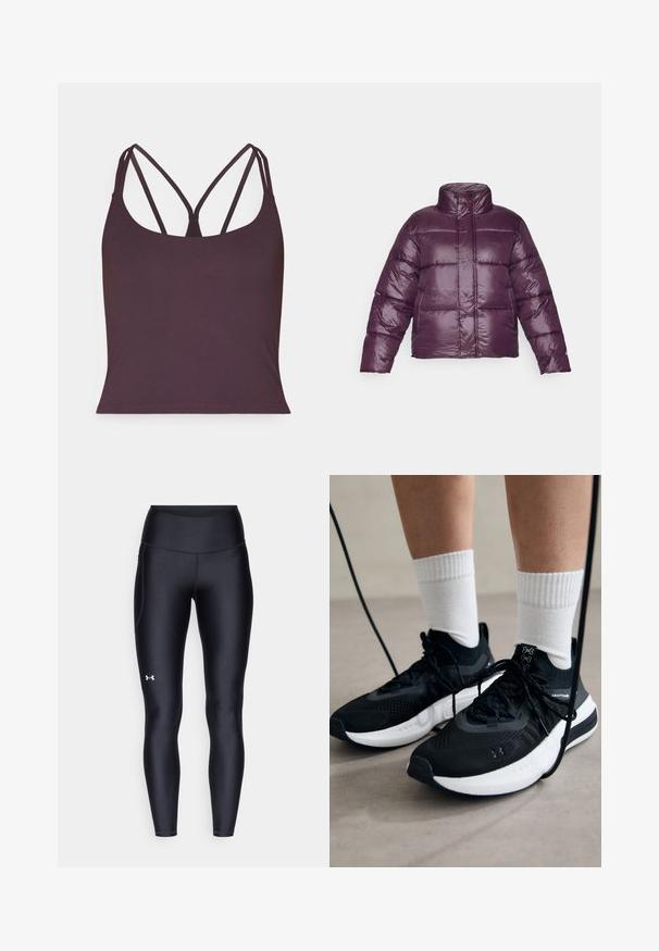 Lilla puffjakke kõrge kaelusega, tikandiga disain ja läikiv viimistlus. Omab pikki varrukaid ja lühendatud siluetti.; Tume lillatops, mis on valmistatud siledast kangast, õhukeste topeltrihmade ja ümara kaelusega. Sujuv äär all.; Mustad mustad, venitatud materjalist, kõrge vöökoht. Vasakul reie kohal on valge logo ning tihe disain.; Mustad mustad jalanõud tekstuuritud kangast, valge tallaga ja mustade paeltega. Kanna valgete soonikkudega sokkide sisse, seistes helesinisel pinnal.