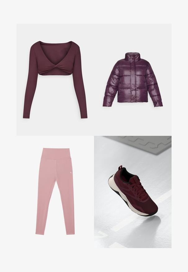 Lilla pufferjakke med høj krave, quiltet design og blank finish. Har lange ærmer og en cropped silhuet.; Langærmet, dyb burgunder crop top lavet af glat stof, med et snoet frontdesign og en bred V-udskæring.; Lyserøde leggings med høj talje lavet af elastisk stof. Har en glat tekstur med en logoaccents på venstre hofte og syede sømme.; Bordeaux atletiske sko med mesh-overdel, sorte accents og en polstret hvid sål. Har snørebåndslukning og en løkke ved hælen.