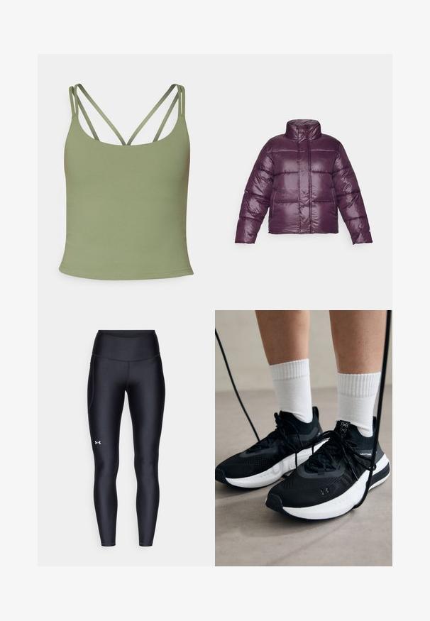 Violetinis pūkinis švarkas su aukštu kaklu, siuvinėtu dizainu ir blizgiu paviršiumi. Turi ilgas rankoves ir sutrumpintą siluetą.; Tamsiai žalia talija be rankovių su prigludusia forma, plonais reguliuojamais petnešėlėmis ir glotnia, elastinga tekstūra. Minimalistinis stilius be raštų.; Juodos leggingai, pagaminti iš lygaus, elastingo audinio su aukštu juosmeniu. Kairiajame šlaunyje yra baltas logotipas ir tvirta konstrukcija.; Juodi sportiniai batai su tekstūruotu audiniu, balta padu ir juodais raiščiais. Dėvimi su baltais raištiniais kojiniais, stovint lengvame paviršiuje.