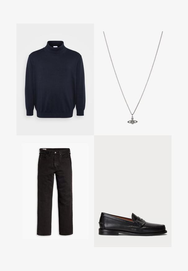 Giacca in pelle marrone con zip frontale, colletto a punta, due tasche laterali e dettagli di cucitura sottili. Texture liscia e design classico.; Jack & Jones JJEBASIC ROLL NECK - Maglione - navy; Jeans in denim neri a gamba dritta con cinque tasche, chiusura a bottone e passanti per cintura, adagiati su uno sfondo bianco.; Mocassino in pelle nera con punta arrotondata, dettagli cuciti e una fascia decorativa sul davanti. Suola piatta con profilo minimal.; Collana in argento con un pendente dettagliato a forma di pianeta, adornato con piccole decorazioni e motivi intricati.