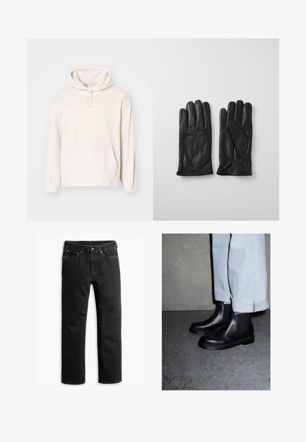 Braune Lederjacke mit Reißverschluss, spitzem Kragen, zwei seitlichen Taschen und subtilem Stitching. Glatte Textur und klassisches Design.; Helle beige Kapuzenjacke aus weichem Fleece-Material. Verfügt über eine einstellbare Kapuze, eine Fronttasche, gerippte Bündchen und ein minimales Logodesign.; Schwarze Jeans im geraden Schnitt mit fünf Taschen, Gürtelschlaufen und einem Knopfverschluss an der Taille, flach auf einem weißen Hintergrund ausgelegt.; Schwarze Leder Chelsea-Stiefel mit elastischen Seitenteilen und einer strukturierten Gummisohle, kombiniert mit hellblauen, umgekrempelten Jeans.; Schwarze Lederhandschuhe mit fünf Fingern, die eine glatte Textur aufweisen, drei vertikale Nähte auf der Rückseite haben und am Handgelenk gerafft sind für einen sicheren Sitz.