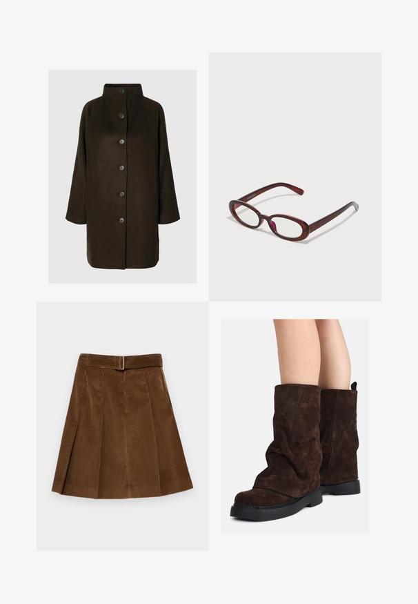 Ruskea villasekoitekate, jossa on korkea kaulus, kuusi mustaa nappia ja sivutaskut. Muotoilu on rento ja siinä on leveät hihat.; Vaaleanvihreä pitkähihainen paita, jossa on nappisulku, kaulus, teksturoitu kangas ja solmiot yksityiskohtina hihoissa. Suora helman muotoilu.; Ruskea corduroy-hame, jossa on pleatattu muotoilu, vyötärönauha soljella ja pystysuora ribbaustekstuuri.; Brown suede saapaat keskimittaisilla varrella, mustilla kumipohjilla, käytettyinä paljailla jaloilla, joissa on havaittavissa kevyitä ryppyjä saappaiden varrella.; Punaiset aurinkolasit, joissa on ovaalimuoto, kirkkaat linssit ja tyylikkäät ruskeat kehykset. Muotoilussa on hienovaraisia kaaria ja vähäisesti kiinnikkeitä.