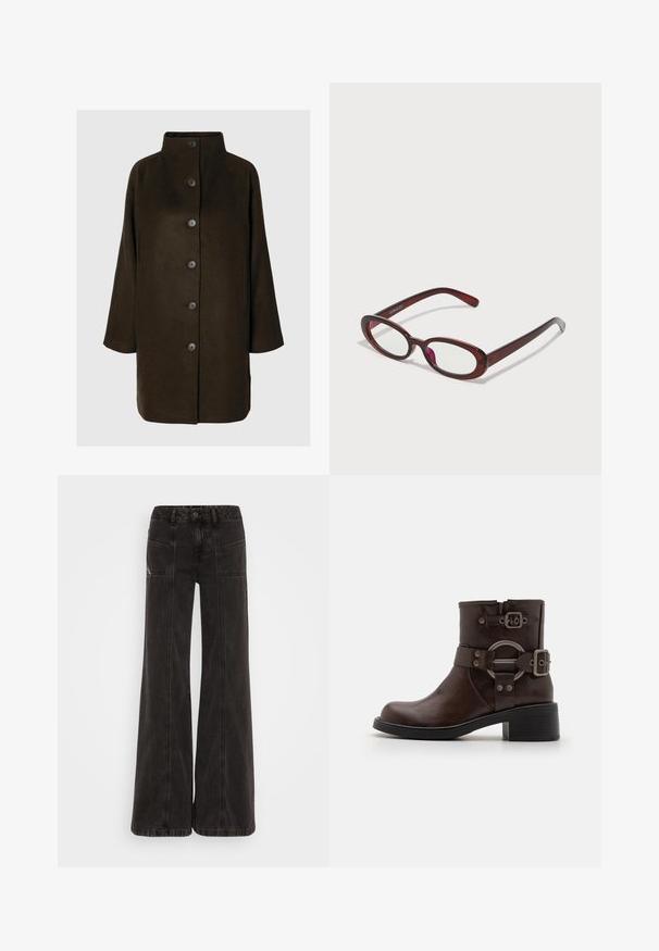 Pruun villasegu mantel kõrge kraega, kuue musta nööbiga ja küljetaskutega. Disainil on lõdva siluett ja laiad varrukad.; Kerge roheline pika varrukaga särk, millel on nööpidega eesolev sulgemine, krae, tekstureeritud kangas ja lipsu detailid mansettides. Sirge alläär.; Mustad lai jaladavad teksad, mis on valmistatud denimist, kõrge vöökohaga, esitaskutega ja ühtse õmblusega õmbluste ääres.; Pruun nahast pahkluu saapad, millel on ümmargune varvas, hõbedased metallist detailid ja kaks dekoratiivset rihma. Karmi musta konts ja tekstuurse tallaga.; Ovaalsed punased prillid, millel on selged läätsed ja sujuvad pruunid kered. Disainis on peened kõverad ja minimaalne riistvara.