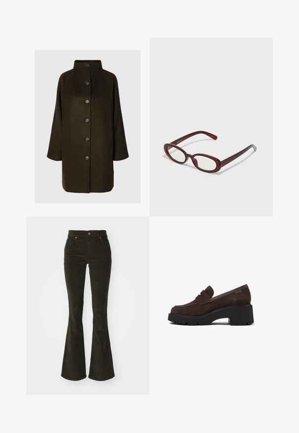 Ruskea villasekoitekate, jossa on korkea kaulus, kuusi mustaa nappia ja sivutaskut. Muotoilu on rento ja siinä on leveät hihat.; Vaaleanvihreä pitkähihainen paita, jossa on nappisulku, kaulus, teksturoitu kangas ja solmiot yksityiskohtina hihoissa. Suora helman muotoilu.; Flared corduroy-housut tummanvihreänä. Ominaisuuksia etutaskut, napp closure ja pehmeä, rakenteellinen kangas, jossa on uritettu kuvio.; Ruske mokasine od antilopa s ravnim, hrapavim crnim platformom, zaobljenog vrha i dekorativnom trakom preko gornjeg dijela.; Punaiset aurinkolasit, joissa on ovaalimuoto, kirkkaat linssit ja tyylikkäät ruskeat kehykset. Muotoilussa on hienovaraisia kaaria ja vähäisesti kiinnikkeitä.