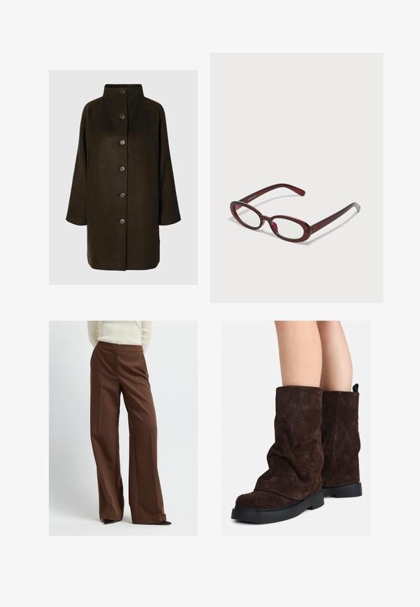 Brauner Wollmischungs-Mantel mit hohem Kragen, sechs schwarzen Knöpfen und seitlichen Taschen. Das Design zeichnet sich durch eine lockere Silhouette mit weiten Ärmeln aus.; Hellgrünes Langarmhemd mit Knopfleiste, Kragen, strukturiertem Stoff und Bindedetails an den Manschetten. Gerader Saum.; Braune, weite Hosen aus glattem Material, mit einem maßgeschneiderten Bund und Falten, die eine klare, moderne Silhouette bieten.; Braune Wildleder-Stiefel bis zur Wade mit schwarzen Gummisohlen, die an nackten Beinen getragen werden und leichte Faltenbildung an den Schafthaltern aufweisen.; Ovale rote Sonnenbrillen mit klaren Gläsern und schlanken braunen Fassungen. Das Design weist sanfte Kurven und minimalen Hardwareeinsatz auf.