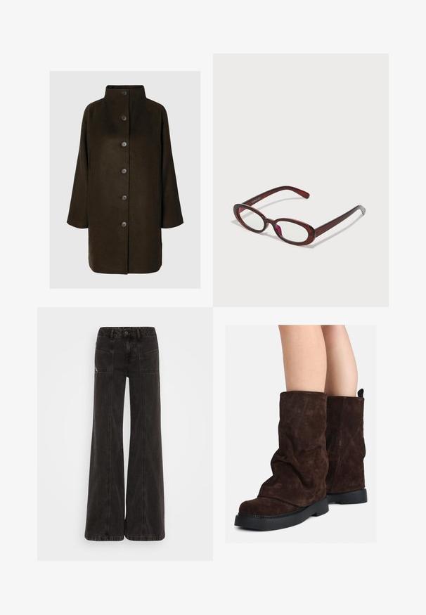 Brown wool blend coat with a high collar, six black buttons, and side pockets. The design features a relaxed silhouette with wide sleeves.; Light green long-sleeve shirt with a button-up front, collar, textured fabric, and tie details at the cuffs. Straight hem design.; Black wide-leg jeans made of denim, featuring a high waist, front pockets, and tonal stitching along the seams.; Brown suede mid-calf boots with black rubber soles worn on bare legs, showing slight wrinkling on the boot shafts.; Oval-shaped red sunglasses with clear lenses and sleek brown frames. The design features subtle curves and minimal hardware.