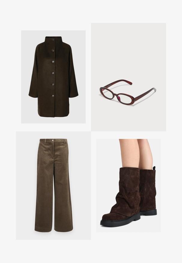 Smešani kaput od smeđe vune s visokim ovratnikom, šest crnih dugmadi i bočnim džepovima. Dizajn ima opuštenu siluetu s širokim rukavima.; Svijetlozeleni košulja dugih rukava s gumbima sprijeda, ovratnikom, teksturiranim materijalom i detaljima u obliku kravate na manžetama. Dizajn ravnog donjeg ruba.; Smeđe široke hlače od kordura s vertikalnim rebrima, s prednjim kopčanjem na dugme i standardnim pojasom. Glatka tekstura, ležeran dizajn.; Smeđe nubuk čizme srednje dužine s crnim gumenim potplatima, nošene na golim nogama, s blagim naborima na okovima čizama.; Naočale u obliku ovala crvene boje s prozirnim staklima i elegantnim smeškim okvirom. Dizajn se odlikuje suptilnim zakrivljenjima i minimalnim hardverom.