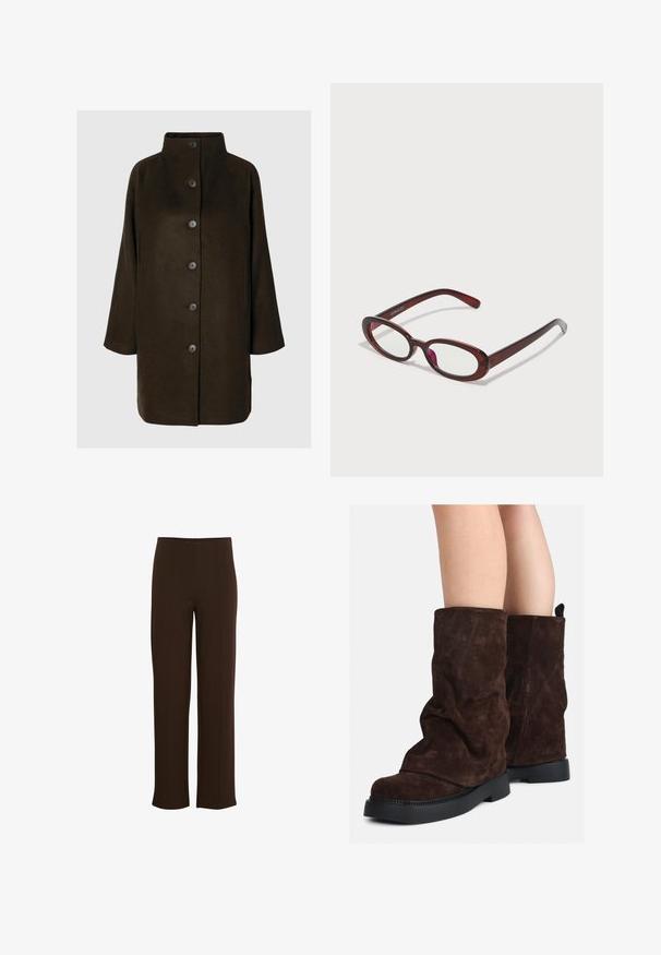Hnedý kabát z vlnenej zmesi s vysokým golierom, šiestimi čiernymi gombíkmi a bočnými vreckami. Dizajn má uvoľnenú siluetu s širokými rukávmi.; Svetlozelená košeľa s dlhým rukávom, zapínanie na gombíky vpredu, golier, textúrovaná tkanina a viazanie na manžetách. Priamy strih.; Hnedé nohavice širokého strihu vyrobené z mäkkého, elastického materiálu. Obsahujú vertikálne švy a čistý pás pre elegantný vzhľad.; Hnedé semišové čižmy do polovice lýtok s čiernymi gumovými podrážkami nosené na holých nohách, s miernymi vráskami na šaftoch čižiem.; Okuliare v oválnom tvare s červenými sklami a elegantným hnedým rámom. Dizajn sa vyznačuje jemnými krivkami a minimálnym hardvérom.