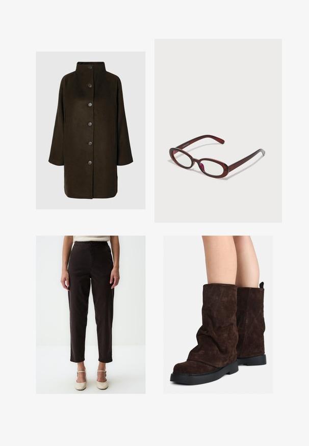 Brown wool blend coat with a high collar, six black buttons, and side pockets. The design features a relaxed silhouette with wide sleeves.; Light green long-sleeve shirt with a button-up front, collar, textured fabric, and tie details at the cuffs. Straight hem design.; Black, high-waisted trousers with a straight-leg design, featuring front pockets, a button closure, and subtle stitching details.; Brown suede mid-calf boots with black rubber soles worn on bare legs, showing slight wrinkling on the boot shafts.; Oval-shaped red sunglasses with clear lenses and sleek brown frames. The design features subtle curves and minimal hardware.