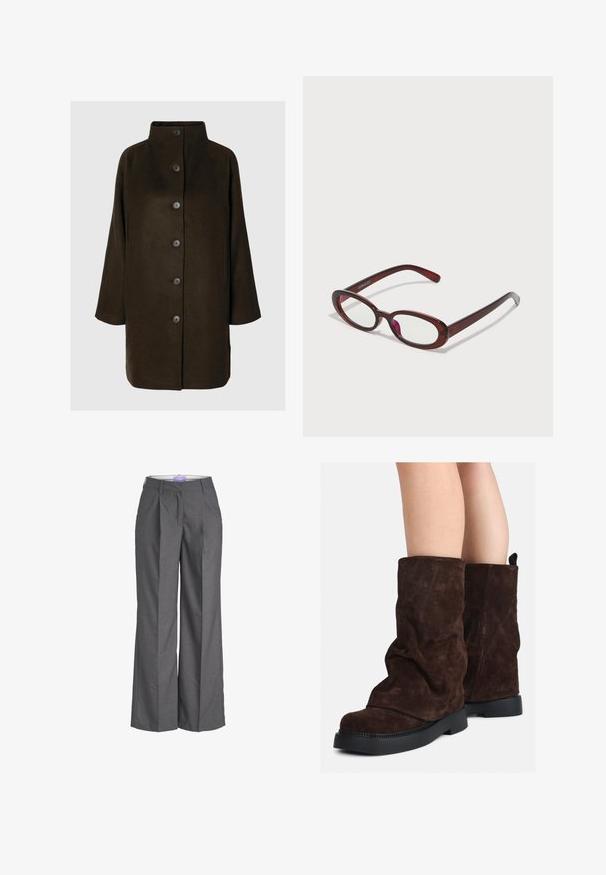 Brun uldblandingsfrakke med høj krave, seks sorte knapper og sidelommer. Designet har en afslappet silhuet med brede ærmer.; Lys grøn langærmet skjorte med knaplukning foran, krave, tekstureret stof og slipse detaljer ved manchetterne. Lige kantdesign.; Grå brede benbukser lavet af et tekstureret stof, med flad front og pyntede folder samt en standard livvidde, ideelle til formelt tøj.; Brune ruskind støvler til midt på læggen med sorte gummisåler, båret på bar ben, med let rynkning på støvleskaftet.; Ovale røde solbriller med klare linser og slanke brune stel. Designet har subtile kurver og minimalt hardware.