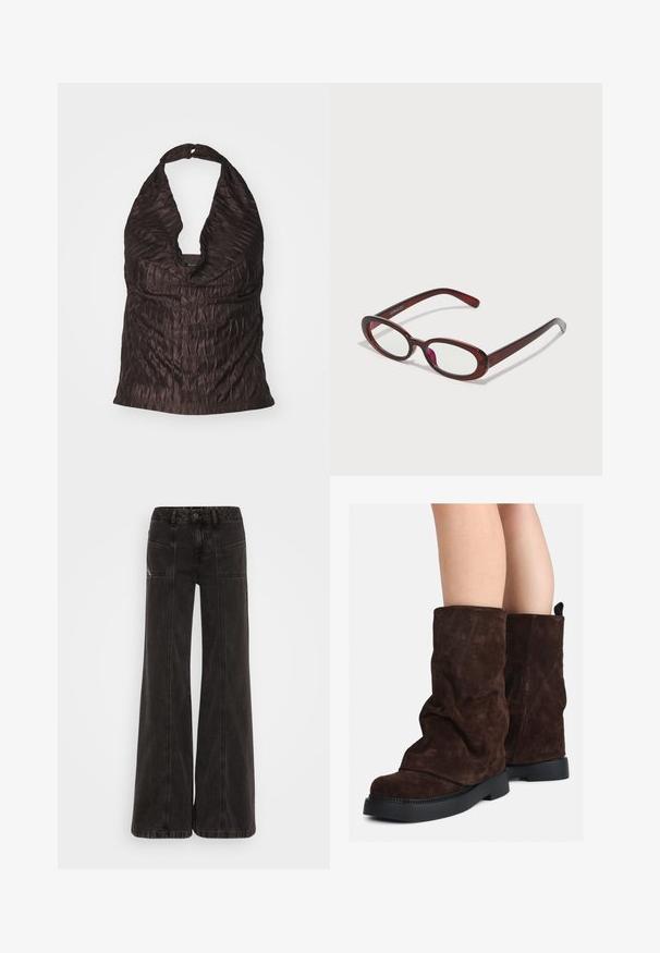 Brūns vilnas maisījuma mētelis ar augstu apkakli, sešām melnām pogām un sānu kabatām. Dizains izceļas ar brīvu siluetu un platām piedurknēm.; Rūšanas halter top tumši brūnā krāsā ar dziļu V veida kakla izgriezumu un gludu, teksturētu audumu ar smalku spīdumu.; Melni platajā kājā džinsi, izgatavoti no denim, ar augstu jostasvietu, priekšējām kabatām un tonāliem šuvju dūrieniem.; Brūni zamšādas puszābaki līdz teļiem ar melnām gumijas zālēm uz atklātām kājām, ar vieglu krokām uz zābaku kājām.; Ovālas formas sarkanās saulesbrilles ar caurspīdīgām lēcām un gludām brūnām rāmī. Dizainā ir nemanāmas līknes un minimāls aparatūras daudzums.