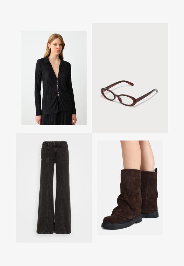 Brauner Wollmischungs-Mantel mit hohem Kragen, sechs schwarzen Knöpfen und seitlichen Taschen. Das Design zeichnet sich durch eine lockere Silhouette mit weiten Ärmeln aus.; Schwarzes Langarmshirt mit Plissée-Textur, spitzem Kragen und fünf dekorativen Knöpfen an der Vorderseite, die einen dezenten V-Ausschnitt bilden.; Schwarze weit geschnittene Jeans aus Denim, mit hoher Taille, frontalen Taschen und tonal abgesteppten Nähten.; Braune Wildleder-Stiefel bis zur Wade mit schwarzen Gummisohlen, die an nackten Beinen getragen werden und leichte Faltenbildung an den Schafthaltern aufweisen.; Ovale rote Sonnenbrillen mit klaren Gläsern und schlanken braunen Fassungen. Das Design weist sanfte Kurven und minimalen Hardwareeinsatz auf.