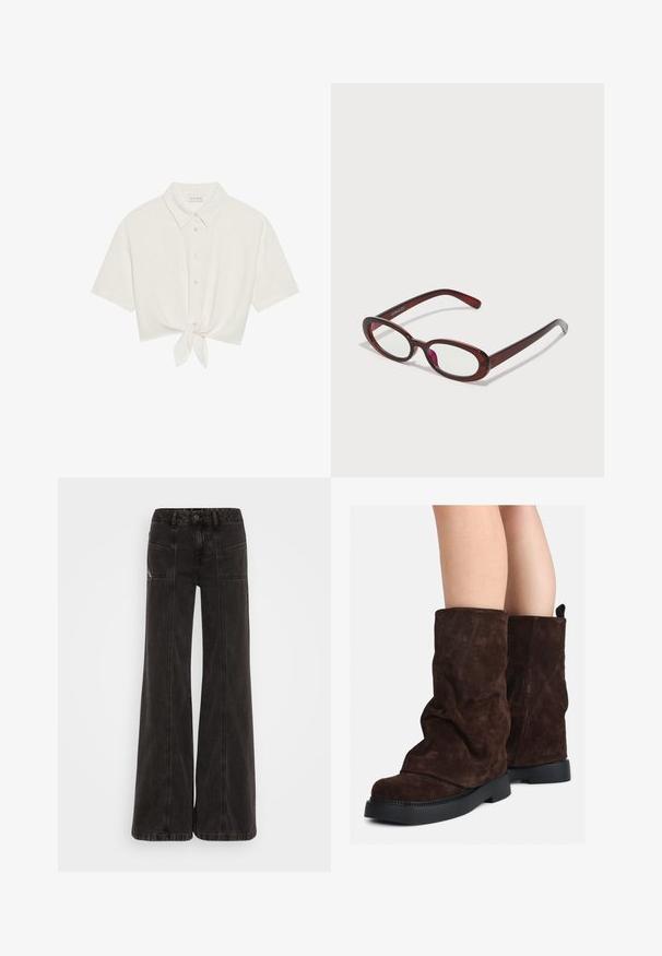 Manteau en laine brun mélangé avec un col haut, six boutons noirs et poches latérales. Le design présente une silhouette décontractée avec des manches larges.; Chemise à manches courtes cintrée en lin beige clair, avec un devant à boutons et un détail noué à l'ourlet. Texture lisse avec un col classique.; Jeans noirs à jambe large en denim, avec une taille haute, des poches avant et des coutures ton sur ton le long des coutures.; Bottes en suède marron mi-mollet avec des semelles en caoutchouc noires portées sur des jambes nues, présentant de légers plis sur les tiges des bottes.; Des lunettes de soleil rouges en forme ovale avec des verres transparents et une monture brune élégante. Le design présente des courbes subtiles et un matériel minimal.