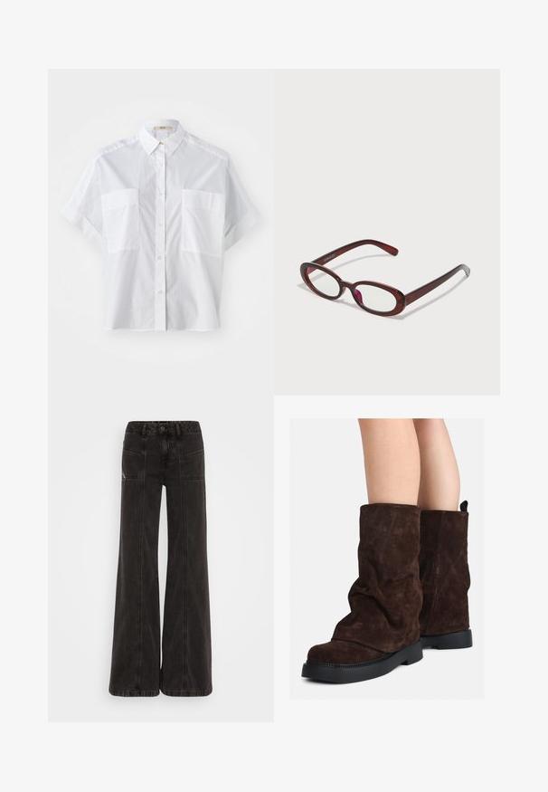 Abrigo de mezcla de lana marrón con un cuello alto, seis botones negros y bolsillos laterales. El diseño presenta una silueta relajada con mangas anchas.; Camisa blanca de manga corta hecha de tela ligera, con cuello abotonado y dos bolsillos en el pecho. Textura suave con un corte entallado.; Jeans de pierna ancha negros, elaborados en denim, con una cintura alta, bolsillos frontales y costuras tonales a lo largo de las costuras.; Botas de ante marrón de medio muslo con suelas de goma negras, llevadas sobre piernas desnudas, mostrando un ligero arrugado en los caños de las botas.; Gafas de sol rojas en forma ovalada con lentes transparentes y elegantes montura marrón. El diseño presenta curvas sutiles y un hardware mínimo.