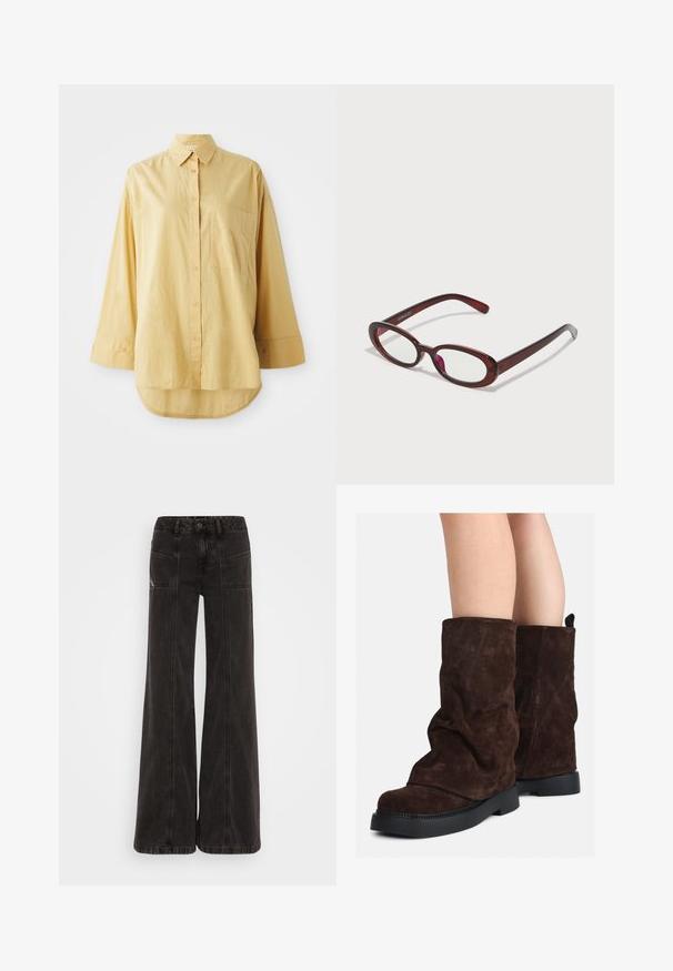 Cappotto in misto lana marrone con colletto alto, sei bottoni neri e tasche laterali. Il design presenta una silhouette comoda con maniche larghe.; Camicia gialla a maniche lunghe con taschino, orlo arrotondato. Realizzata in tessuto leggero e testurizzato. Presenta bottoni arancioni.; Jeans neri a gamba larga realizzati in denim, con vita alta, tasche frontali e cuciture tono su tono lungo le cuciture.; Stivali in suede marrone a metà polpaccio con suole in gomma nera indossati su gambe nude, mostrano lievi pieghe sulla parte superiore degli stivali.; Occhiali da sole rotondi di colore rosso con lenti trasparenti e montatura marrone elegante. Il design presenta curve sottili e hardware minimale.