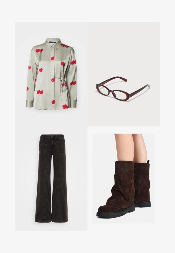 Rudas vilnos mišinio paltas su aukštu apykakle, šešiais juodais mygtukais ir šoninėmis kišenėmis. Dizainas pasižymi laisvu siluetu ir plačiais rankovėmis.; Žalias satino marškiniai su mygtukų apykakle, ilgomis rankovėmis ir raudonais vyšnių raštais. turi dirželį per liemenį ir glotnią tekstūrą.; Juodos plačios kojų džinsai, pagaminti iš denimo, su aukštu juosmeniu, priekinėmis kišenėmis ir toniniu siuvimu palei siūles.; Rudi od suede iki blauzdų aukščio, su juodais gumos padais, dėvimi ant nuogų kojų, rodo lengvą raukšlių susidarymą ant batų šonų.; Ovalo formos raudoni akiniai su skaidriais lęšiais ir elegantiškais rudais rėmeliais. Dizainas pasižymi subtiliomis kreivėmis ir minimaliais detalėmis.