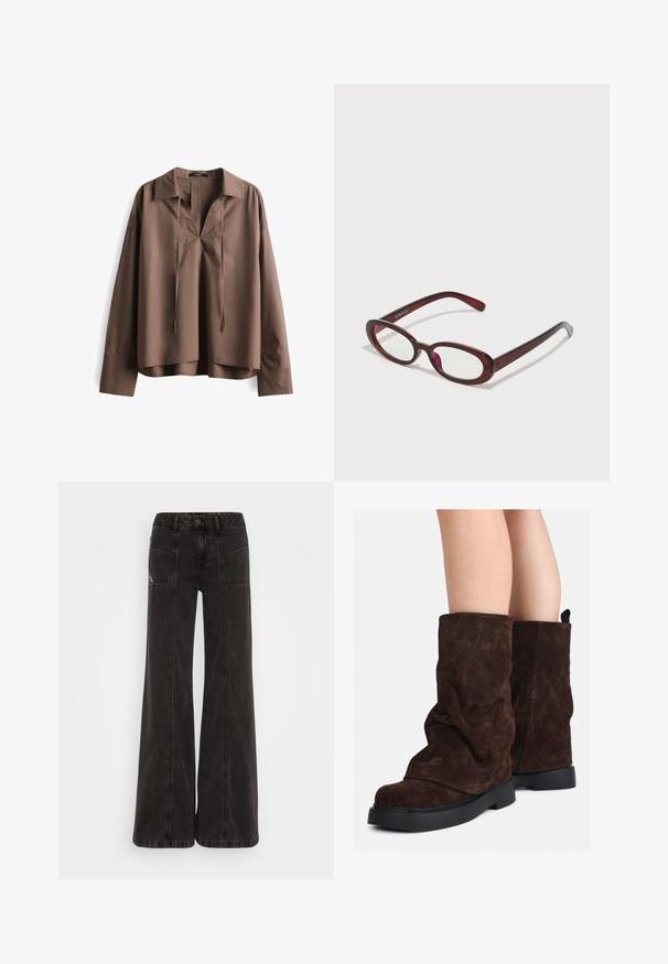 Cappotto in misto lana marrone con colletto alto, sei bottoni neri e tasche laterali. Il design presenta una silhouette comoda con maniche larghe.; Maglione a maniche lunghe di colore marrone, realizzato in tessuto leggero. Presenta un colletto e una scollatura a V con lacci. Vestibilità comoda e orlo dritto.; Jeans neri a gamba larga realizzati in denim, con vita alta, tasche frontali e cuciture tono su tono lungo le cuciture.; Stivali in suede marrone a metà polpaccio con suole in gomma nera indossati su gambe nude, mostrano lievi pieghe sulla parte superiore degli stivali.; Occhiali da sole rotondi di colore rosso con lenti trasparenti e montatura marrone elegante. Il design presenta curve sottili e hardware minimale.