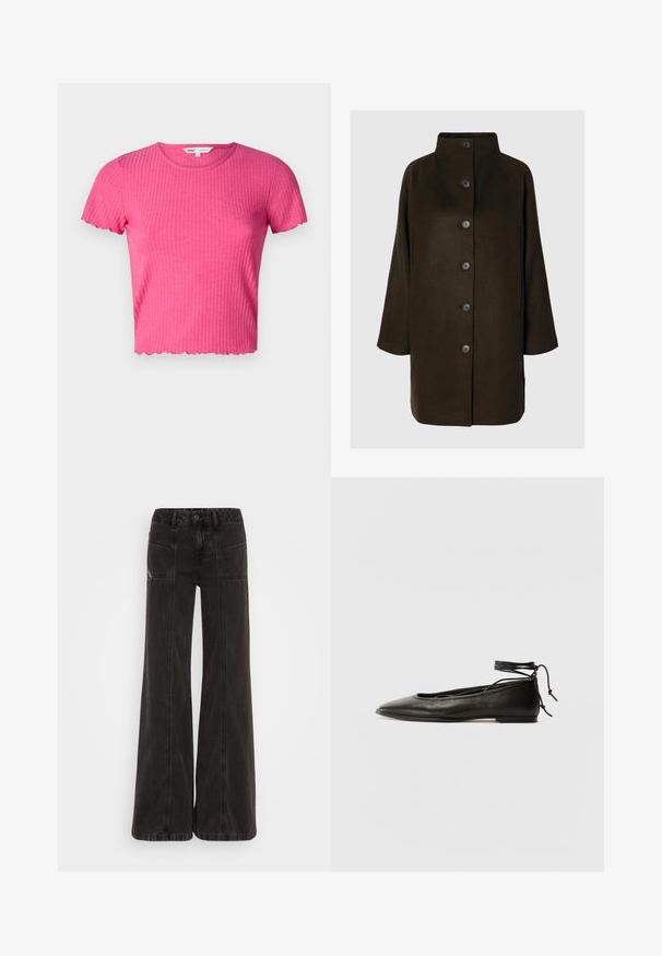 Pruun villasegu mantel kõrge kraega, kuue musta nööbiga ja küljetaskutega. Disainil on lõdva siluett ja laiad varrukad.; Roosa soonik lühikeste varrukatega, ümmarguse kaelusega ja lainelise äärisega. Valmistatud pehmest kangast, on see kehasse sobiv.; Mustad lai jaladavad teksad, mis on valmistatud denimist, kõrge vöökohaga, esitaskutega ja ühtse õmblusega õmbluste ääres.; Must mustast balletijalatsid, millel on terav nina, pahkluu seotud ja lame tall, sujuva tekstuuri ning minimalistlik disain.