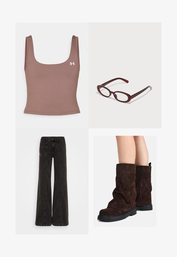 Hnědý kabát z vlněné směsi s vysokým límcem, šesti černými knoflíky a bočními kapsami. Design zahrnuje uvolněnou siluetu se širokými rukávy.; Hnědý zkrácený top s hranatým výstřihem, vyrobený z hladké, elastické tkaniny. Má malé bílé logo na levé straně.; Černé široké džínové kalhoty s vysokým pasem, předními kapsami a tonálními švy podél švů.; Hnědé semišové kozačky po lýtka s černými gumovými podrážkami nošené na nahých nohách, s mírným pomačkáním na nohavicích.; Ovalo tvarované červené sluneční brýle s průhlednými skly a elegantními hnědými rámy. Design má jemné křivky a minimální hardware.