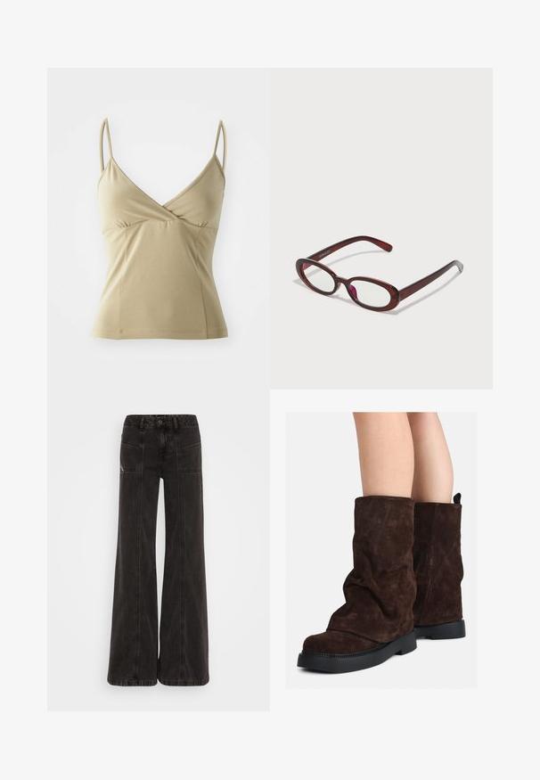Rudas vilnos mišinio paltas su aukštu apykakle, šešiais juodais mygtukais ir šoninėmis kišenėmis. Dizainas pasižymi laisvu siluetu ir plačiais rankovėmis.; Bežinė maikutė su reguliuojamomis špagetinėmis petnešėlėmis, v formos iškirpte, suplota priekyje ir glotnia tekstūra. Prigludusi siluetas ir tiesus apatinis kraštas.; Juodos plačios kojų džinsai, pagaminti iš denimo, su aukštu juosmeniu, priekinėmis kišenėmis ir toniniu siuvimu palei siūles.; Rudi od suede iki blauzdų aukščio, su juodais gumos padais, dėvimi ant nuogų kojų, rodo lengvą raukšlių susidarymą ant batų šonų.; Ovalo formos raudoni akiniai su skaidriais lęšiais ir elegantiškais rudais rėmeliais. Dizainas pasižymi subtiliomis kreivėmis ir minimaliais detalėmis.