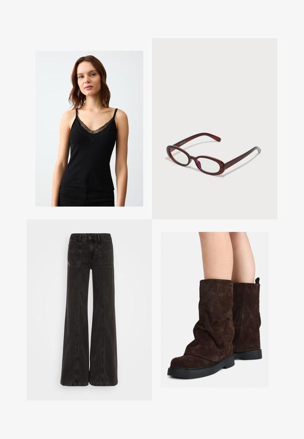 Brown wool blend coat with a high collar, six black buttons, and side pockets. The design features a relaxed silhouette with wide sleeves.; Black camisole made of ribbed fabric, featuring lace trim along the V-neckline and adjustable thin straps. Smooth texture and fitted design.; Black wide-leg jeans made of denim, featuring a high waist, front pockets, and tonal stitching along the seams.; Brown suede mid-calf boots with black rubber soles worn on bare legs, showing slight wrinkling on the boot shafts.; Oval-shaped red sunglasses with clear lenses and sleek brown frames. The design features subtle curves and minimal hardware.