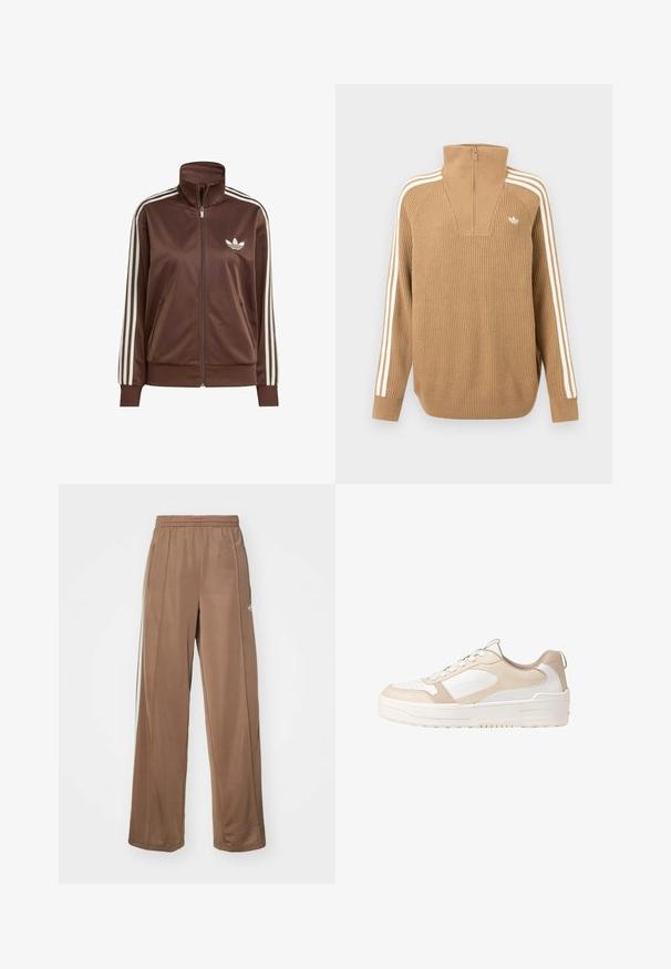 Ruskea satiinijakku, jossa on korkea kaulus ja täysi vetoketju. Molemmissa hihoissa on kolme valkoista raitaa ja rinnassa valkoinen logo.; Ruskea raidoitettu neule, jossa on korkea kaulus ja puolivetoketju. Hihoissa on kolme valkoista raitaa ja rinnassa pieni logo.; Ruskeat urheiluhousut, jotka on valmistettu pehmeästä kankaasta. Housuissa on joustava vyötärönauha, sivutaskut ja valkoiset logoakkentit vasemmassa lonkassa.; Vaaleanbeige ja valkoinen lenkkari, jossa on sileä nahkapinta, rei'itetty kärki, nauhakiinnitys, teksturoitu koristelu ja paksu kumipohja.