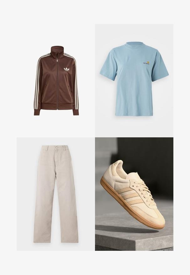Bruine satijnen jas met een hoge kraag en volledige rits, met drie witte strepen op elke arm en een wit logo op de borst.; Lichtblauw katoenen T-shirt met korte mouwen en ronde hals, met een klein geel en rood Carhartt-logo op de linkerborst.; Beige straight-leg broeken van soepel katoen. Voorzien van een knoopsluiting, ceintuurlussen en zijzakken. Eenvoudig, strak ontwerp.; Lichtbeige suède sneaker met een gumrubberen buitenzool, drie diagonale strepen en een textuur op de neus. Voorzien van een logo op de tong en de zijkant.