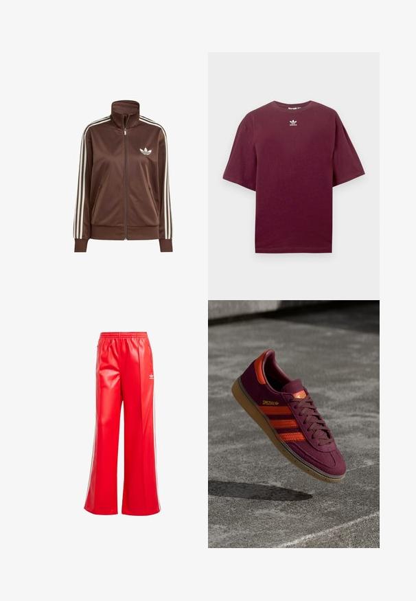 Brun satinjacka med hög krage och hel dragkedja, med tre vita ränder på varje arm och en vit logotyp på bröstet.; Vinröd bomulls-t-shirt med rund hals och korta ärmar, med en vit Adidas-logotyp centrerad på bröstet. Slät textur.; adidas Originals Tygbyxor - better scarlet; Mörkröd mockasneaker med orange ränder och detaljer, bruna snören och en gummisula. Har en logotapp på tungan.