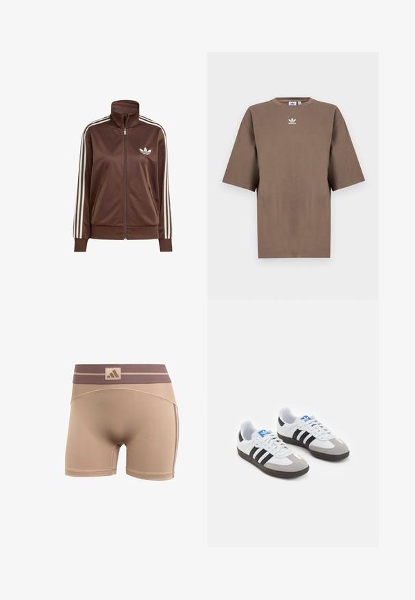 Bruine satijnen jas met een hoge kraag en volledige rits, met drie witte strepen op elke arm en een wit logo op de borst.; Bruine katoenen t-shirt met korte mouwen, ronde hals en wit Adidas-logo gecentreerd op de borst, met een eenvoudige uitstraling en een relaxte pasvorm.; adidas Performance HYPERGLAM - Tights - chalky brown earth strata; Sportschoenen met een witte leren bovenkant, grijze suède neus en drie zwarte strepen. Bevat een blauw logo op de tong en een gestructureerde rubberen zool.