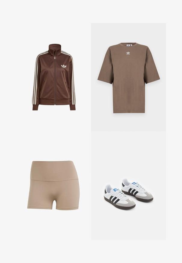 Brun satinjakke med høj krave og fuld lynlås, der har tre hvide striber på hver arm og et hvidt logo på brystet.; Brun bomulds t-shirt med korte ærmer, rund hals og hvid Adidas-logo centreret på brystet, som har et enkelt design og en afslappet pasform.; Nude farvet strækstofshorts med høj talje, glat tekstur og kontrasterende syninger. Designet til komfort og fleksibilitet.; Sportsko med en overdel i hvid læder, grå ruskind på tåen og tre sorte striber. Har et blåt logo på tungen og en struktureret gummisål.