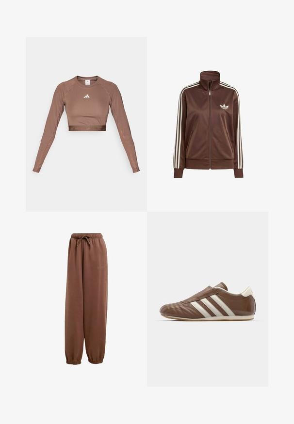Smešava smeđi saten jaknu s visokim ovratnikom i punim patentnim zatvaračem, koja ima tri bijele pruge na svakoj ruci i bijeli logo na prsima.; Smeđi dugoruki crop top izrađen od glatkog, rastezljivog materijala. Ima okrugli izrez i kontrastni bijeli logo na prsima.; Smeđe trenirke od mekog materijala, s elastičnim pojasom sa vezicom i manžetama na gležnjevima. Suptilno brendiranje sa strane.; adidas Originals TAEKWONDO - Obuća za navlačenje - preloved brown/off white