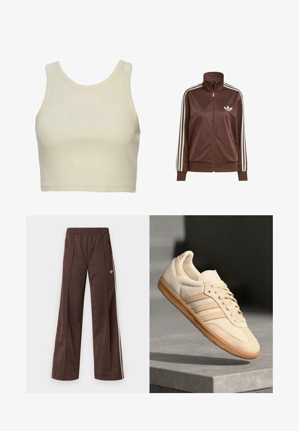 Brown satin jacket with a high neck and full zipper, featuring three white stripes on each arm and a white logo on the chest.; Cropped tank top in soft cream fabric, featuring a ribbed texture and a subtle embroidered logo on the front. Minimalist design.; Brown athletic pants with a wide-leg design, white side stripes, an elastic waistband, and two side pockets. Features small logo on the leg.; Light beige suede sneaker with gum outsole, three diagonal stripes, and a textured toe cap. Features logo on the tongue and side.