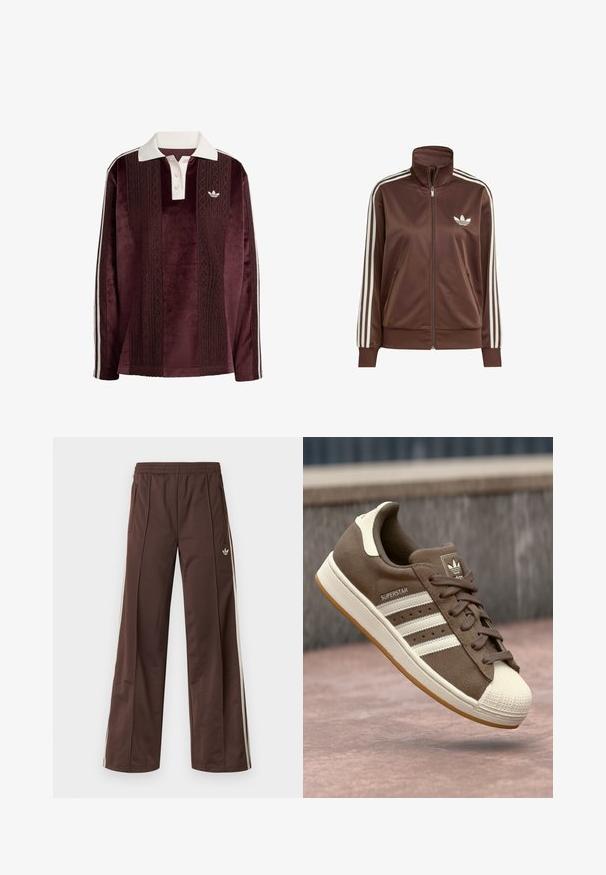 Hnědá saténová bunda s vysokým límečkem a celopropínacím zipem, se třemi bílými pruhy na každém rukávu a bílým logem na hrudi.; Dlouhý rukáv burgundské velurové polo tričko s bílým límečkem, zapínáním na knoflíky, texturovanými vertikálními pruhy, logem Adidas a bílými postranními pruhy.; Hnědé sportovní kalhoty s širokými nohavicemi, bílými pruhy po stranách, elastickým pasem a dvěma bočními kapsami. Na nohavici je malá značka.; Hnědé semišové tenisky s bílými pruhy, krémovými akcenty a gumovou špičkou. Obsahují šněrovací design a strukturovanou gumovou podrážku.