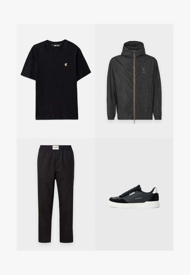 Black lightweight hooded jacket with front zipper and Armani Exchange logo on left chest against a plain white background.; Black cotton t-shirt with short sleeves, a crew neck, and a small gold "C" logo on the chest. Simple design, smooth texture, regular fit.; Black trousers with an elastic waistband. Made from a smooth, lightweight fabric. Features a straight-leg design and minimal detailing.; Black and white low-top sneaker with black laces, white sole, Just Cavalli logo on the side, and a white heel tab.