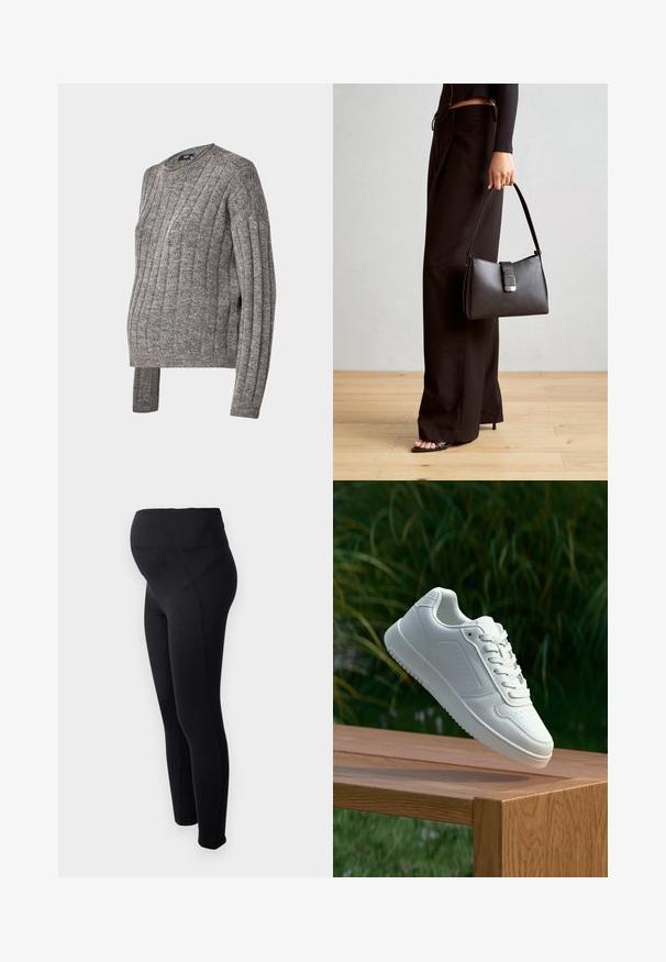 Alkūnės žalios pūkinės striukės su gobtuvu, ilgomis rankovėmis, priekiniu užtrauktuku ir dviem šoninėmis užtrauktukinėmis kišenėmis. Tekstūruotas audinys su lygiu paviršiumi.; Pilkos spalvos megztinis su raukšlėmis, apvalia iškirpte ir ilgomis rankovėmis, su šoninėmis suplėšimais ties apatine dalimi, užtikrinančiais papildomą komfortą ir pritaikymą.; Juodos nėštumo legging'ų kelnės su aukšta juosmens linija, pagamintos iš tamprios medžiagos. Savybės: lygi tekstūra ir prigludusi konstrukcija, užtikrinanti komfortą.; Balti sneakeriai su lygia sintetine viršutine dalimi, perforuota pirštų zona, plokščiomis raištelėmis ir tekstūruotu padu, padėti ant medinės paviršiaus.; Juodas rankinė struktūrizuota forma, lygi tekstūra ir metalinis užsegimas. Suporuota su plačiomis juodomis kelnėmis ir atvirais bateliais ant medinių grindų.