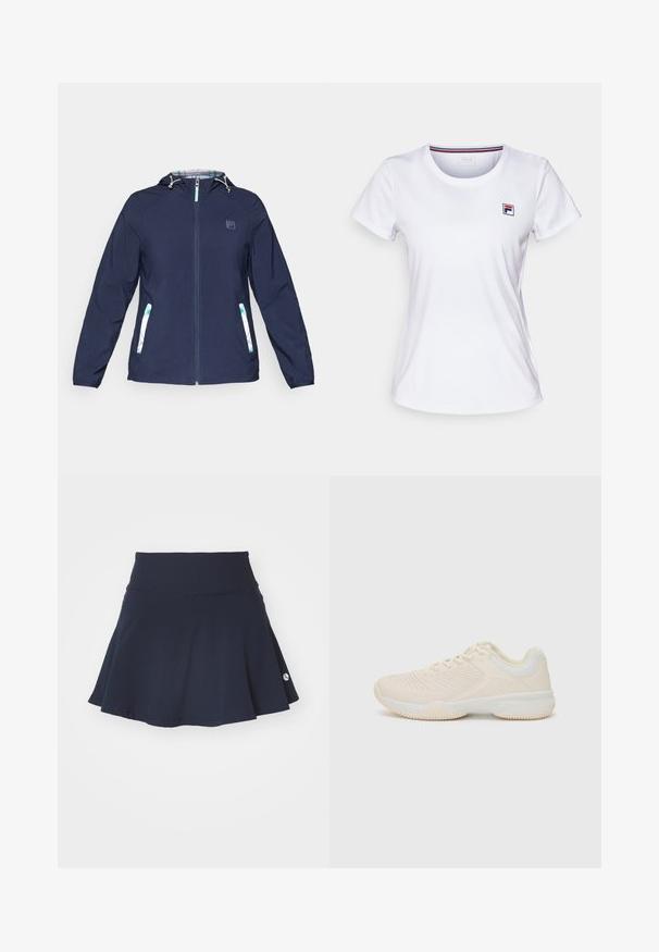 Sötétkék kapucnis dzseki elülső cipzárral, rugalmas mandzsettákkal és két oldalsó zsebbel, amelyek fehér és zöld kockás díszítéssel rendelkeznek.; Fehér, rövid ujjú póló könnyű anyagból. Kerek nyakkivágással és egy kis színes logóval a bal mellen. Egyszerű dizájn.; Tengerészkék, széles szoknya, testre simuló derékrésszel, puha anyagból készült, a jobb alsó részen egy kis logóval, sima textúrával.; Világos bézs színű sportcipő, texturált felsőrésszel, kontrasztos fehér részletekkel, kerek orral és rugalmas gumitalppal.