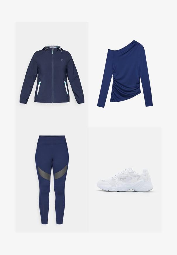 Mørkeblå hettejakke med glidelås foran, elastiske mansjetter og to sidelommer med hvite og grønne ruter.; Langermet topp i mørk marineblå, med en skrå halslinje, samlet detaljering på siden, og en glatt, stretchy tekstur.; Marinblå leggings laget av elastisk materiale, med grå detaljer og høy midje. Designet for aktiv bruk.; Hvite joggesko med et strukturert mesh-overdel, polstret krage og tykk såle. Har en logo på siden og snøring.
