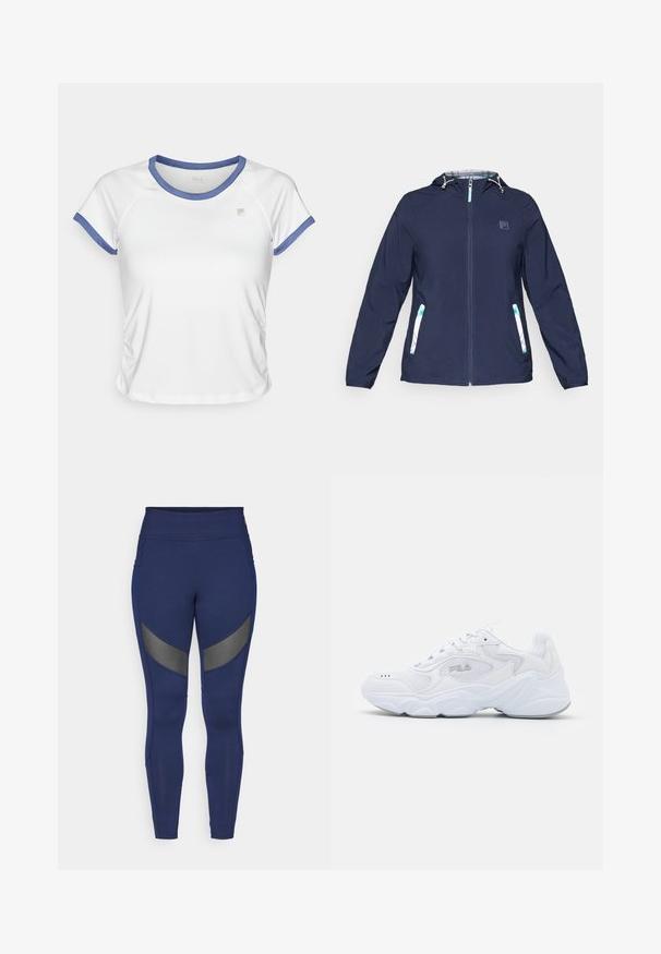 Tumesinine kapuutsiga jakk ees oleva tõmblukuga, elastsete mansettide ja kahe kül pocketiga, millel on valged ja rohelised ruudud.; Valge lühikeste varrukatega T-särk sinise äärega, millel on kergelt figuuri järgiv disain ja kogutud külje detail. Väike brändi logo rinnal.; Tumed sinised retuusid, mis on valmistatud venivast materjalist, hallide aktsentpaneelide ja kõrge vöökohtadega. Mõeldud aktiivseks kandmiseks.; Valge spordijalats tekstuuriga pealmise osaga, pehmendatud kraega ja paksu tallaga. Küljele on pandud logo ja see on kinnitatud paeltega.