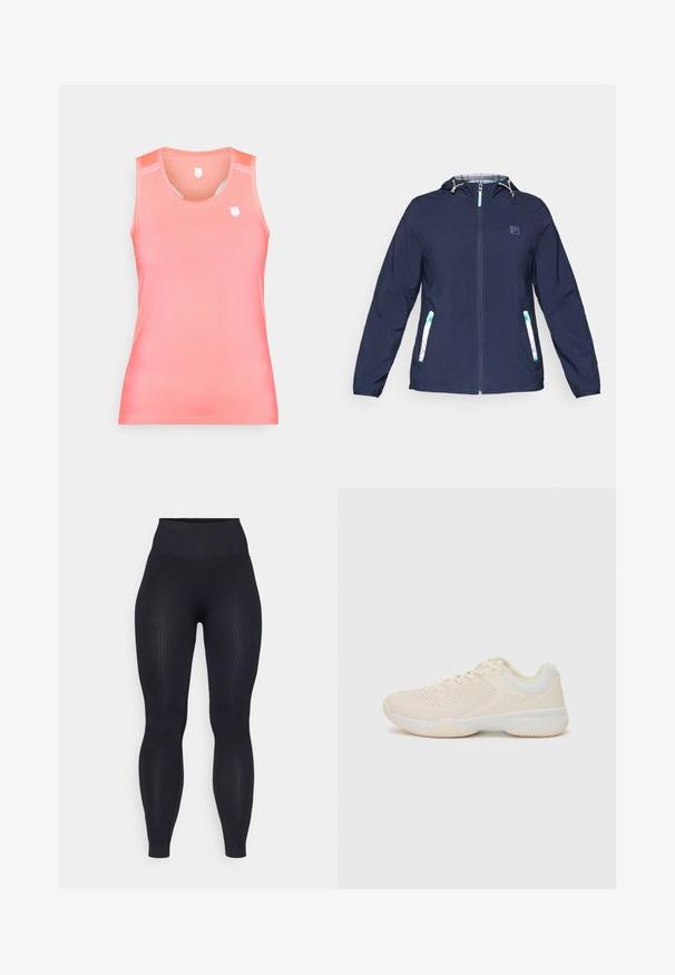 Tumesinine kapuutsiga jakk ees oleva tõmblukuga, elastsete mansettide ja kahe kül pocketiga, millel on valged ja rohelised ruudud.; Ilma varrukatega tank top korallitoonis, valmistatud siledast ja venivast materjalist. Omab väikest logo rinnaosas ja pitsdetaili õlgadel.; Mustad ribad leggings kõrge vöökoht, valmistatud venivast materjalist. Omab siledat tekstuuri ja vertikaalseid mustreid kogu ulatuses.; Heledbeezı spordijalatsid tekstuurse pealmise osaga, kontrastsete valgete aktsentidega, ümarate varvaste ja painduva kummitaldiga.