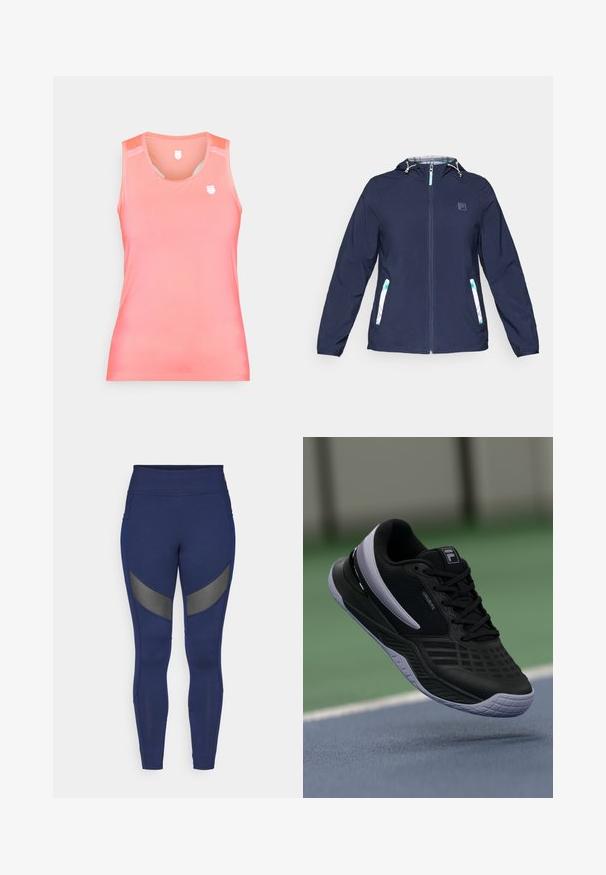 Jachetă cu glugă de culoare bleu marin, cu fermoar frontal, mansete elastice și două buzunare laterale, având accente de carouri albe și verzi.; Top fără mâneci de tip tank, cu un gradient de culoare coral, realizat dintr-un material neted și elastic. Prezintă un logo mic pe piept și detalii din plasă la umeri.; Leggings de culoare albastru marin, realizate dintr-un material elastic, cu panouri accent gri și o talie înaltă. Concepute pentru îmbrăcăminte sportivă.; Pantofii sport negri au un exterior din plasă texturată, accente albe contrastante și o talpă din cauciuc rezistentă, fiind proiectați pentru performanță și confort.