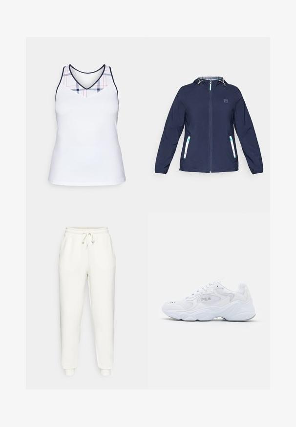 Granatowa kurtka z kapturem i zamkiem z przodu, z elastycznymi mankietami oraz dwiema bocznymi kieszeniami, z białymi i zielonymi akcentami w kratę.; Biała sportowa koszulka na ramiączkach z dekoltem w serek, z górną częścią w kratkę w kolorze granatowym i czerwonym. Gładki, lekki materiał.; Białe dresy wykonane z miękkiej tkaniny, z elastycznym pasem w talii z sznurkiem, bocznymi kieszeniami oraz zwężanymi mankietami na kostkach.; Białe buty sportowe z teksturowaną siateczkową cholewką, wyściełanym kołnierzem i masywną podeszwą. Posiadają logo po boku oraz sznurowanie.