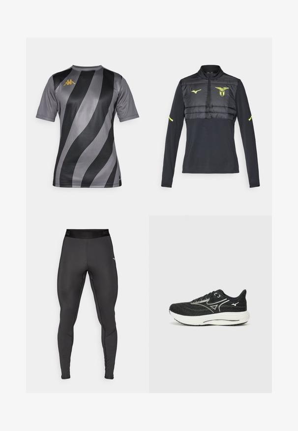 Black long-sleeve top with a quarter zip, featuring a padded chest section, neon accents, and a logo on the left side. Smooth texture.; Short-sleeve athletic shirt in gray with bold black and lighter gray stripes. Features a gold logo on the left chest. Smooth texture.; Compression leggings made of stretchy black fabric with a fitted design. Features a wide waistband and contrasting stitching details.; Black running shoes with a textured mesh upper, white midsole, and light grey accents; features lace-up design and round toe.