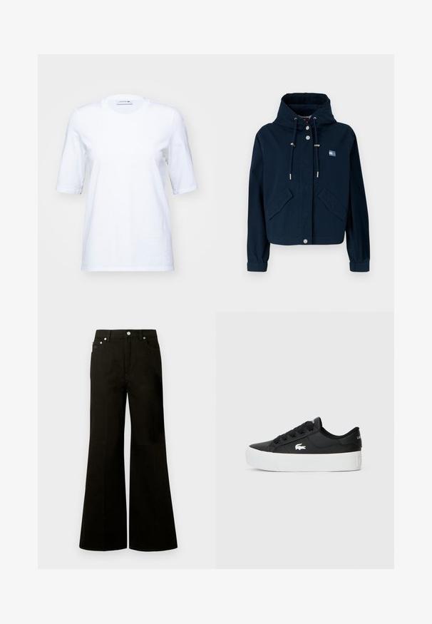 Marineblå cropped jakke med snoretræk i hætten, sølvfarvede detaljer, to frontlommer og et broderet logo på brystet.; Hvid bomulds T-shirt med korte ærmer, rund halsudskæring og et diskret broderet logo på brystet. Glat tekstur, klassisk pasform.; Sorte jeans med høj talje og vide ben, foran med knap og lynlås, bæltestropper og fem lommer inklusive en lille møntlomme.; Sort lavtop sneaker lavet af syntetisk materiale, med en hvid gummisål, sorte snørebånd og et lille hvidt logo på siden.