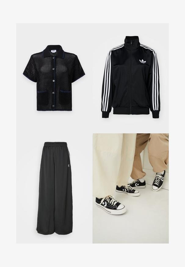 Casaco preto com fecho éclair e gola alta, com detalhes brancos de três riscas nas mangas e logo bordado no peito. Tecido liso e desportivo.; Camisa preta de malha de manga curta com um padrão de malha, detalhes azuis nas bordas do colarinho e do bolso, apresentando botões na frente.; Calças de treino largas e soltas, feitas de tecido suave. Apresentam uma cintura elástica e riscas laterais com detalhes em logotipo.; Sapatilhas pretas de lona com solas de borracha brancas, apresentando detalhes em forma de estrela brancos e atacadores pretos, combinadas com calças de bege claro e creme.
