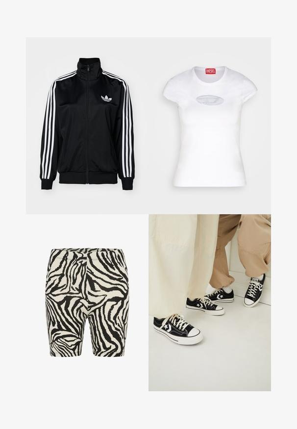 Veste zippée noire à col haut, avec des accents de trois bandes blanches sur les manches et un logo brodé sur la poitrine. Tissu lisse et sportif.; T-shirt blanche ajustée en coton, avec un col rond et des manches courtes, arborant un logo brodé bleu clair sur le devant.; Leggings courts à imprimé zèbre noir et blanc avec une texture lisse, une taille élastique et une coupe ajustée, idéaux pour un usage décontracté ou pour faire de l'exercice.; Baskets en toile noires avec semelles en caoutchouc blanches, présentant des accents d'étoiles blanches et des lacets noirs, associées à un pantalon beige clair et crème.