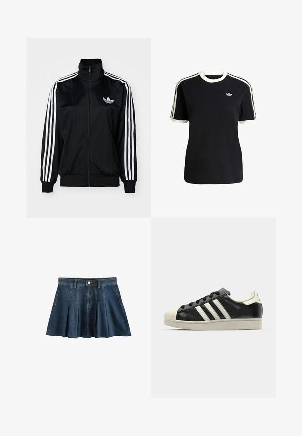 Zwarte jack met rits en hoge kraag, met witte drie-streep accenten op de mouwen en geborduurd logo op de borst. Gladde, sportieve stof.; Zwarte katoenen t-shirt met witte accenten op de kraag en mouwen, met drie witte strepen op elke schouder en een klein logo op de borst.; Next REGULAR FIT - Minirok - dark blue; Zwarte leren sneaker met witte strepen, rubberen teenbescherming, zwarte veters en een crèmekleurige loopzool. Glad oppervlak met een glanzende afwerking.