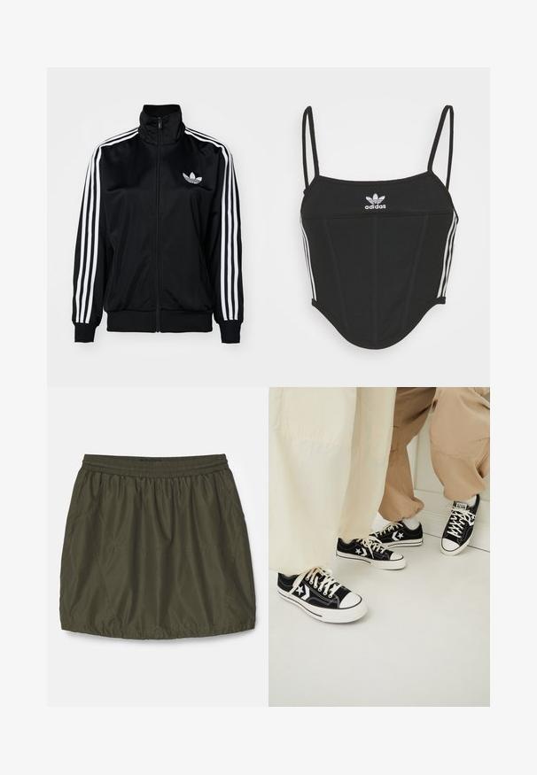 Musta vetoketjullinen takki korkealla kauluksella, jossa valkoiset kolmilinjaiset yksityiskohdat hihoissa ja brodeerattu logo rinnassa. Sujuva, urheilullinen kangas.; Mustat ribbikangasta crop-topit, joissa on säädettävät ohuet hihnat, kolme valkoista raitaa sivuilla ja pieni valkoinen Adidas-logo keskellä.; Vihreänolivinvärinen, kevyt hame, jossa on elastinen vyötärö, ryppytetty pinta, sivutaskut ja ommeltu yksityiskohtaus.; Mustat kangaskengät valkoisilla kumipohjilla, joissa on valkoisia tähkäytteisiä yksityiskohtia ja mustat kengännauhat, yhdistettynä vaaleanbeigeihin ja kermanvärisiin housuihin.