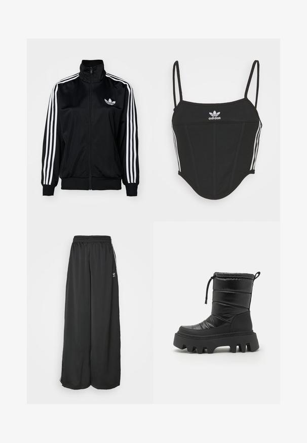 Casaco preto com fecho éclair e gola alta, com detalhes brancos de três riscas nas mangas e logo bordado no peito. Tecido liso e desportivo.; Top crop preto canelado com alças finas ajustáveis, apresentando três riscas brancas nas laterais e um pequeno logótipo branco da Adidas ao centro.; Calças de treino largas e soltas, feitas de tecido suave. Apresentam uma cintura elástica e riscas laterais com detalhes em logotipo.; Botas de tornozelo almofadadas pretas com uma textura acolchoada, sola de borracha robusta e grossa, cordão ajustável na parte superior e padrão de tração definido.