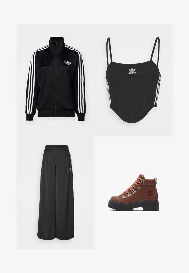 Schwarze Zip-Jacke mit hohem Kragen, ausgestattet mit weißen Drei-Streifen-Akzenten an den Ärmeln und gesticktem Logo auf der Brust. Glattes, sportliches Material.; Schwarzes, geripptes Crop Top mit verstellbaren dünnen Trägern, das drei weiße Streifen an den Seiten und ein kleines weißes Adidas-Logo in der Mitte aufweist.; Schwarze, locker sitzende Jogginghosen aus glattem Material. Mit elastischem Bund und seitlichen Streifen mit Logo-Akzenten.; Braune Leder-Wanderstiefel mit orangefarbenen Schnürsenkeln, metallischen Ösen und einer Gummisohle. Verfügt über eine strukturierte Oberfläche und ein Logo an der Seite.