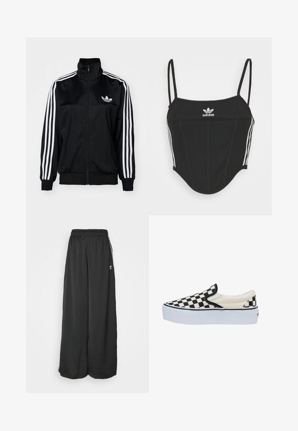 Schwarze Zip-Jacke mit hohem Kragen, ausgestattet mit weißen Drei-Streifen-Akzenten an den Ärmeln und gesticktem Logo auf der Brust. Glattes, sportliches Material.; Schwarzes, geripptes Crop Top mit verstellbaren dünnen Trägern, das drei weiße Streifen an den Seiten und ein kleines weißes Adidas-Logo in der Mitte aufweist.; Schwarze, locker sitzende Jogginghosen aus glattem Material. Mit elastischem Bund und seitlichen Streifen mit Logo-Akzenten.; Schwarz-weiß kariertes Slipper-Schuhmodell mit einer weißen Sohle, ausgestattet mit einem Obermaterial aus Canvas und elastischen seitlichen Akzenten für ein einfaches Anziehen.